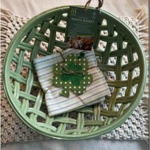 Stoneware Woven Basket; Shamrock decor with bread towel